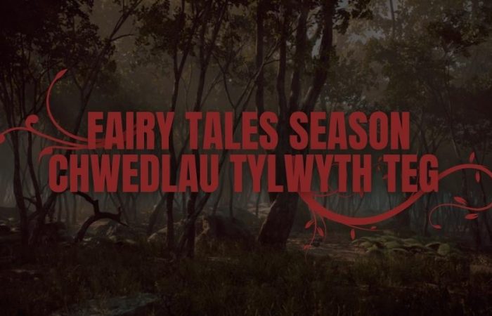 A gothic-looking forest. In the foreground the text reads: Fairy Tales Season. There are red vines creeping out from the text.