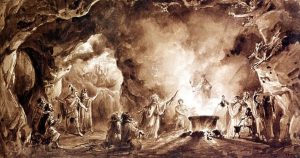 The witches cavern in Act 3 - sepia drawing presented to Verdi after the first production in 1847